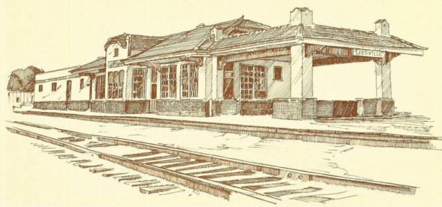 The Mission Revival style Kansas City Southern Depot opened in 1916. It symbolizes the great Vernon Parish lumber boom of the early 20th century. Closed in 1968, Kansas City Southern leased the Depot to Vernon Parish. Drawing of the KCS Depot