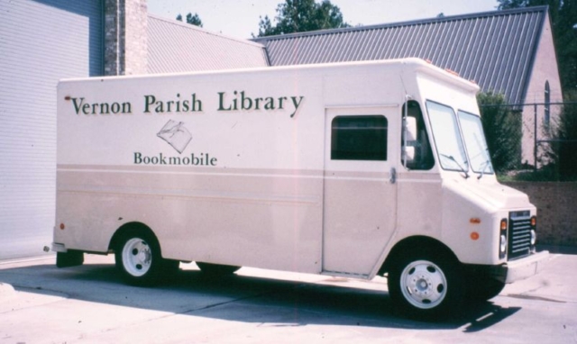 Purchased 1995, the bookmobile traveled approximately 900 miles a month. It was replaced in 2012. Vernon Parish Library Bookmobil